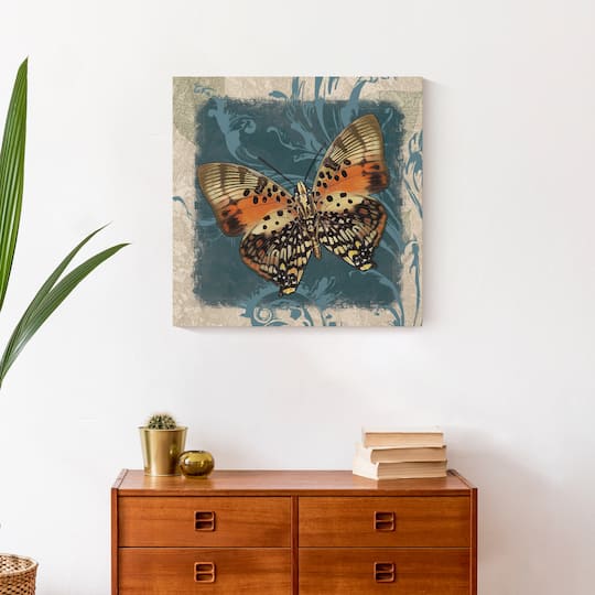 Blue Swirls And Orange Butterfly 20" x 20" Canvas Wall Art